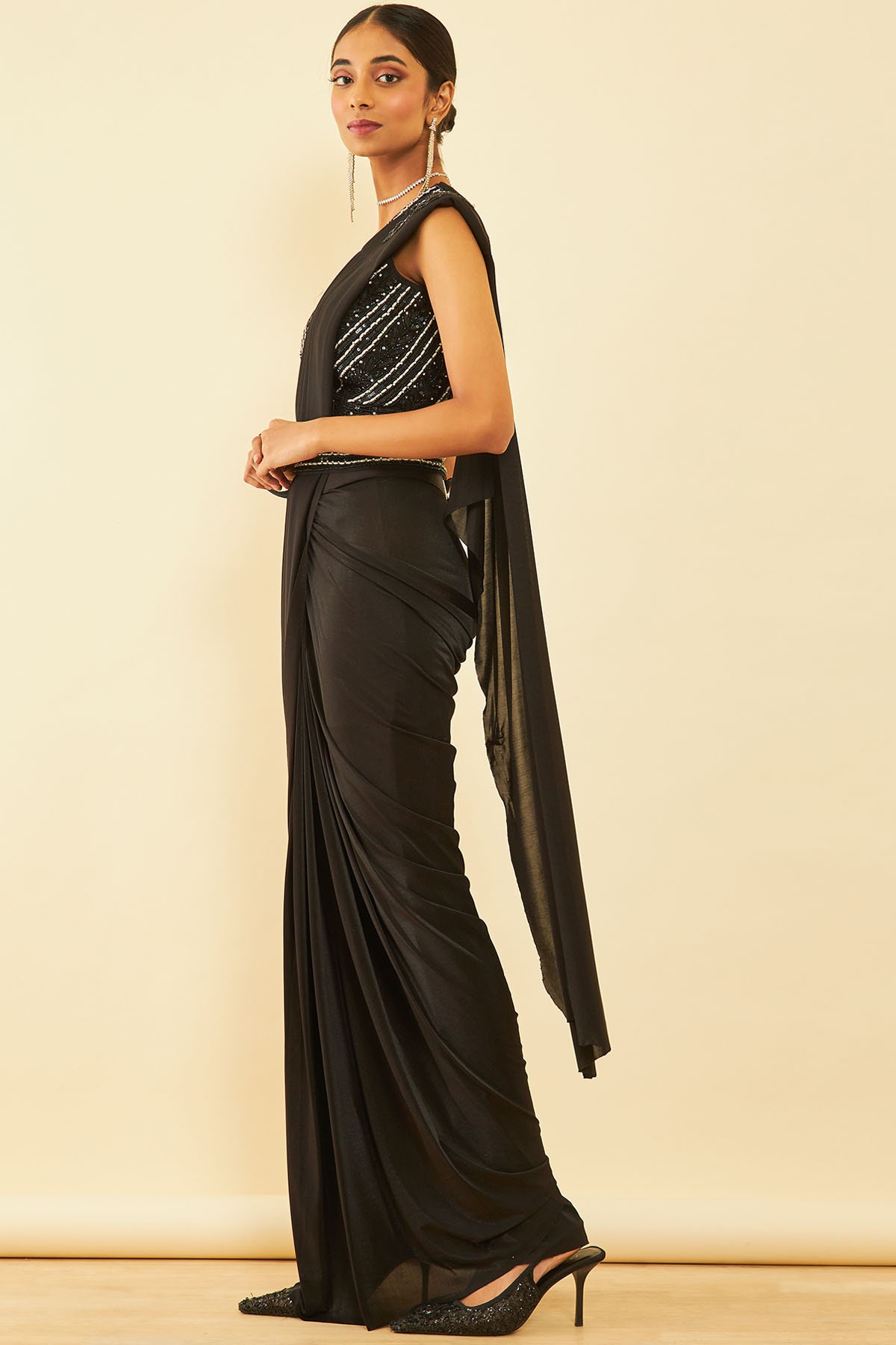 Buy Black Spandex Ready To Wear Saree With Belt Online in India