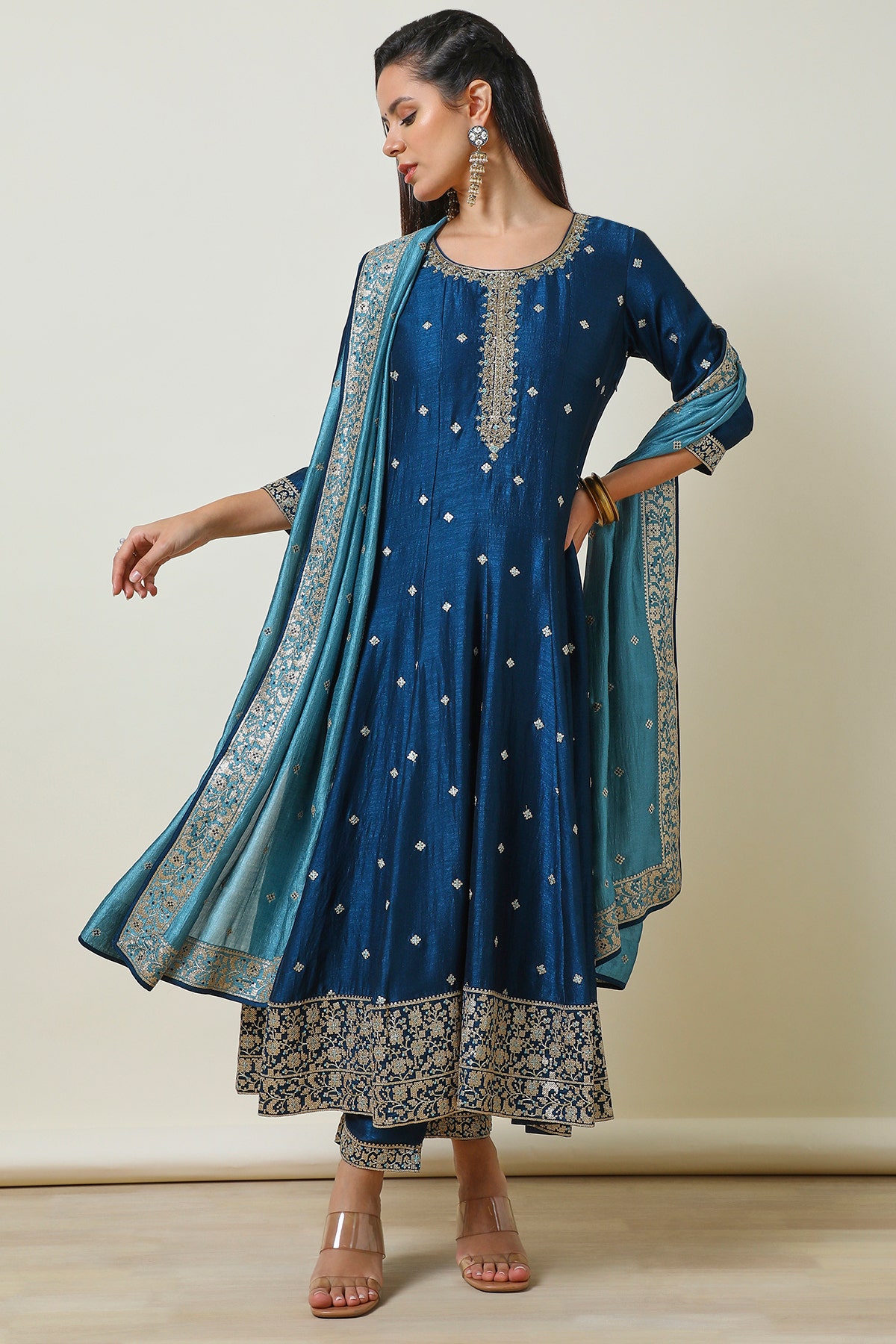 Shop Blue Embellished Silk Blend Anarkali Suit With Sequins in India on Soch
