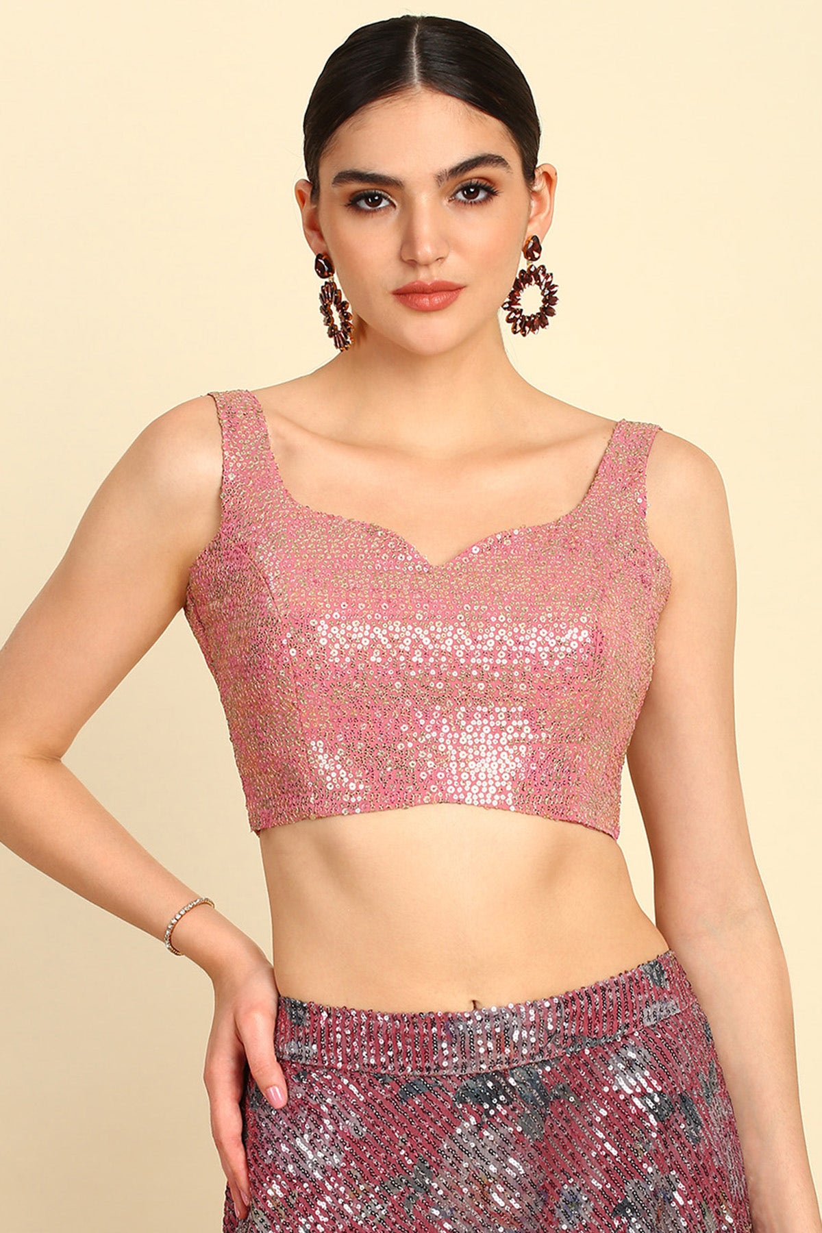 Blush Pink Sequinned Embellished Georgette Padded Blouse Available in the USA Worldwide
