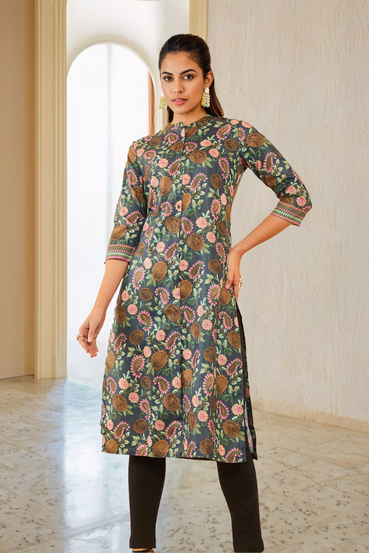 Buy Charcoal Rayon Floral Paisley Printed Straight Kurta Online in India