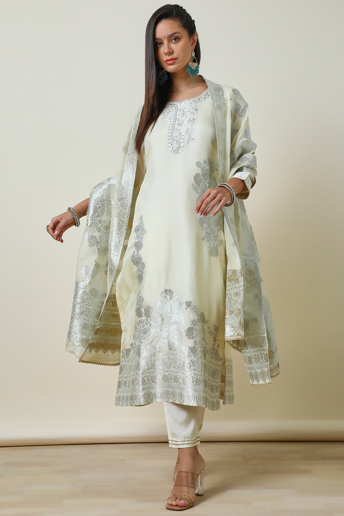 Shop Cream Silk Blend Zari Woven Straight Suit With Cutdana in India at Soch
