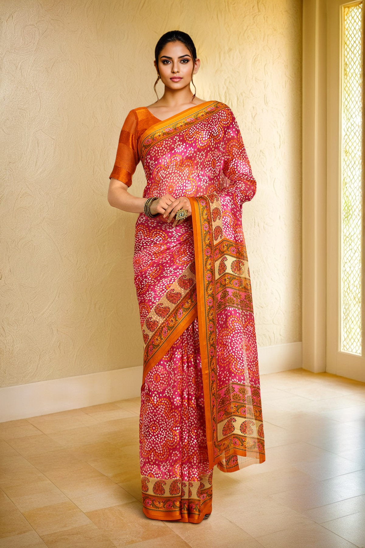 Fuchsia Bandhani Print Chiffon Saree Available in the USA Worldwide