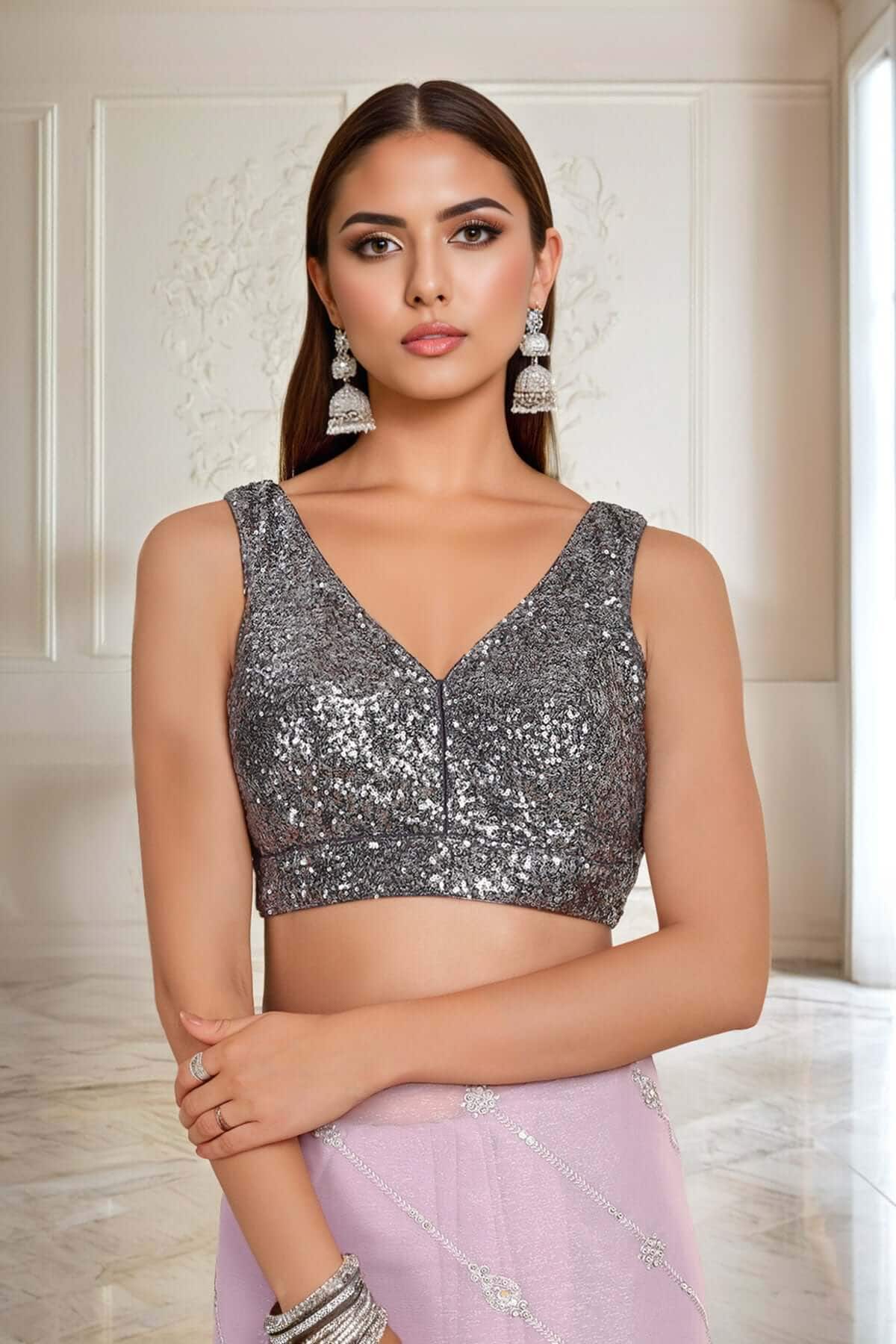 Grey Embellished Plunge Neck Georgette Padded Blouse Available in USA Worldwide