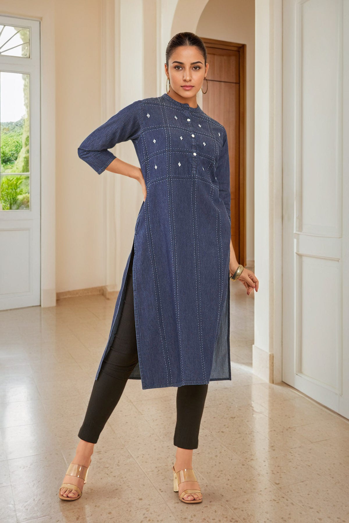 Indigo Cotton Embroidered Straight Kurta Available in the USA Worldwide