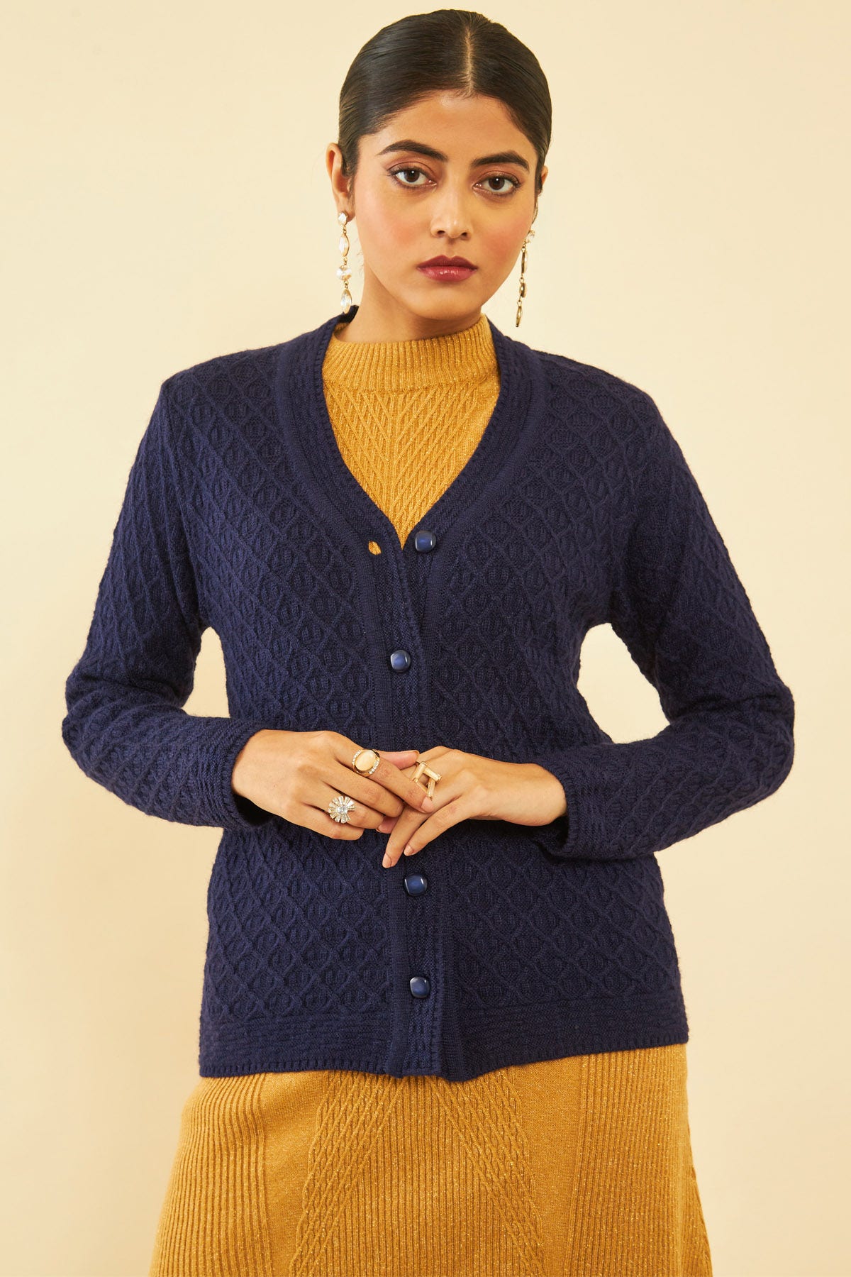 Cable knit navy cardigan deals