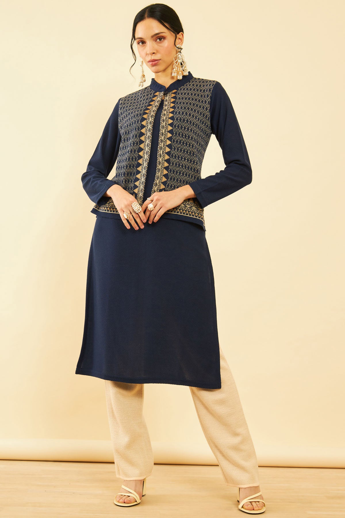 Buy Navy Blue Acrylic Straight Winter Kurta with Jacket Overlay Online in India