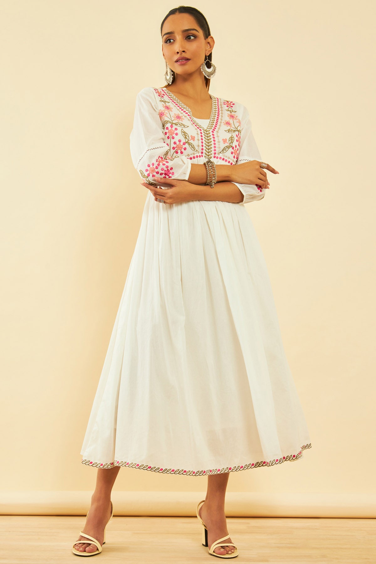 Shop Off White Cotton Embroidered Alia Cut Dress With Cutdana Online in India