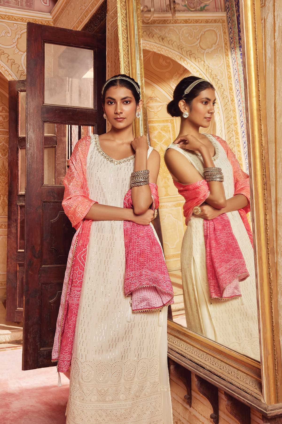 Off White Georgette Sequin Suit Set with Contrast Dupatta Available in Canada