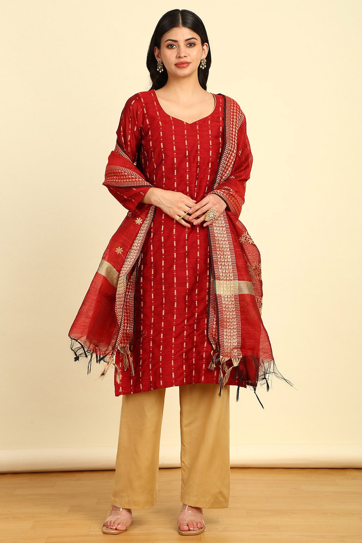 Shop Red Woven Design Art Silk Dress Material Online in India Soch