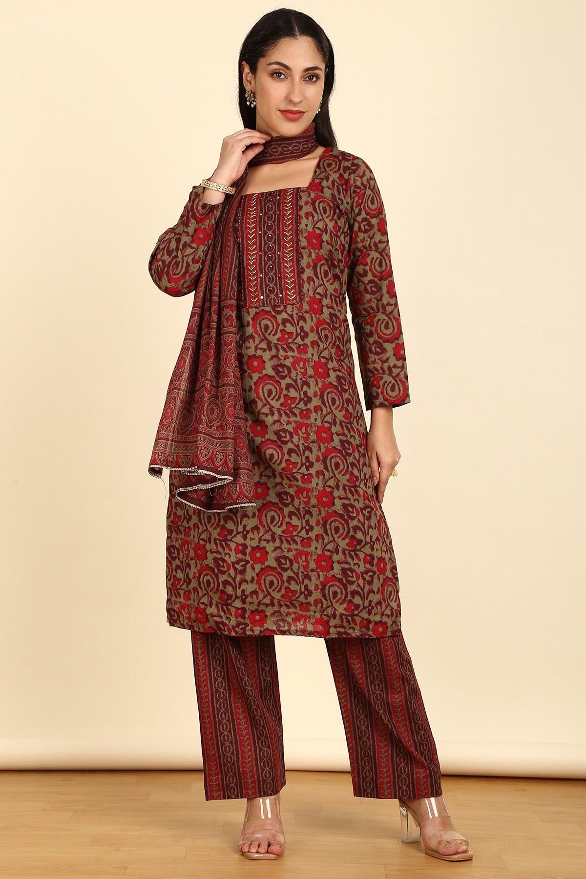 Buy Red Cotton Floral Dress Material With Zari Online in India Soch