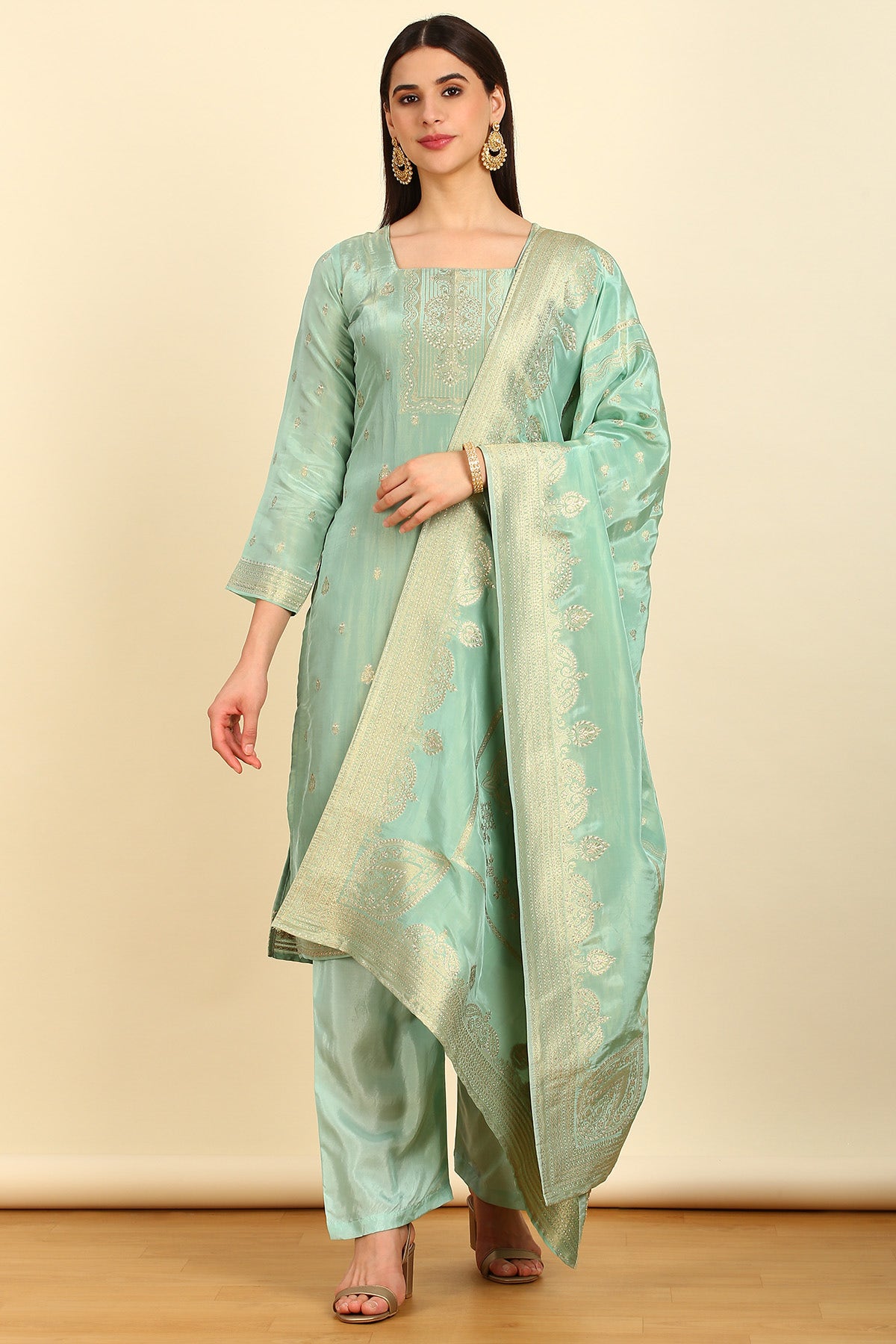 Buy Soch s Sap Green Zari Woven Silk Dress Material Online in India