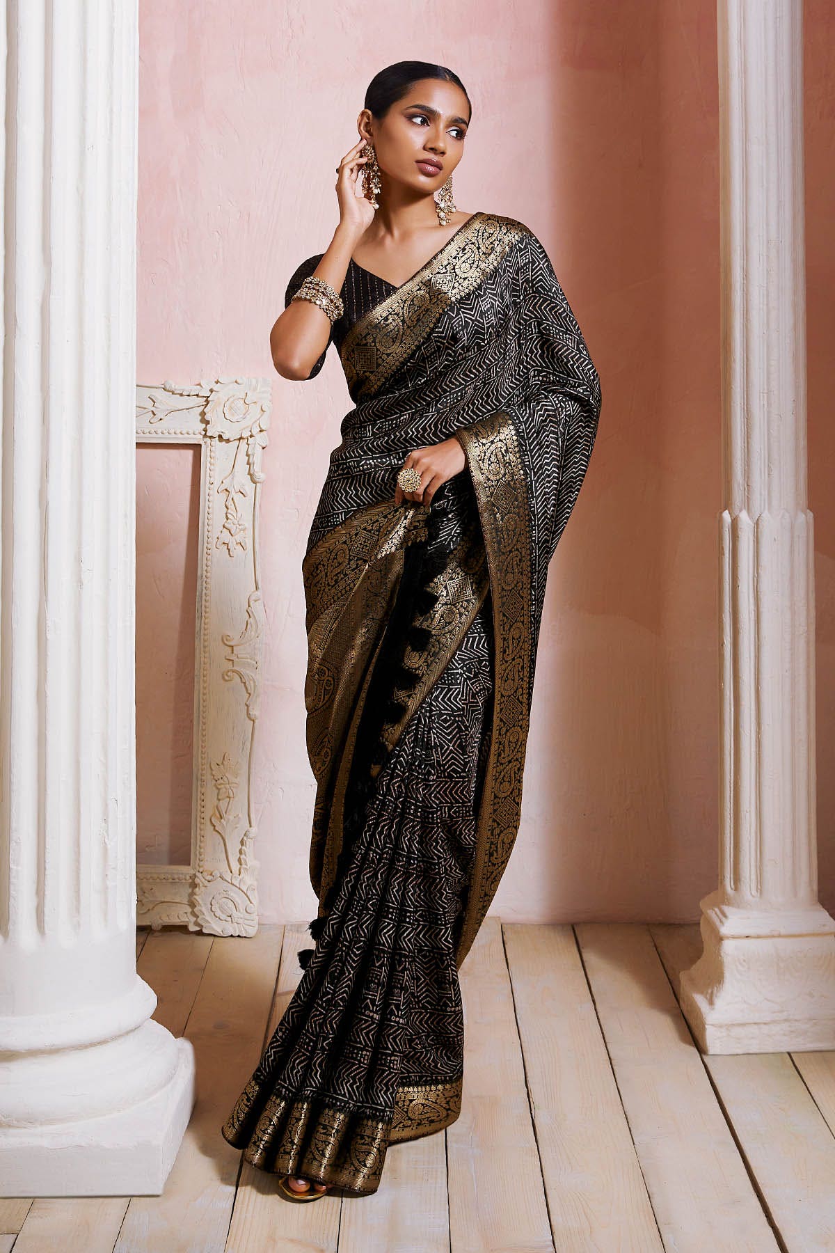 Buy Black Crepe Saree With Geometric Zari Borders Online in India