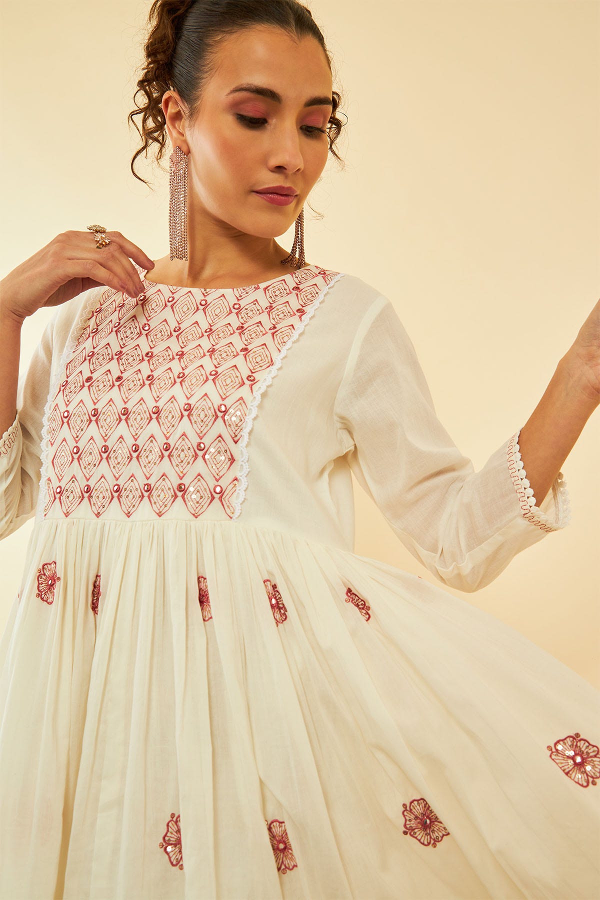 White Pink Cotton Embroidered A Line Ethnic Dress Available in USA Worldwide