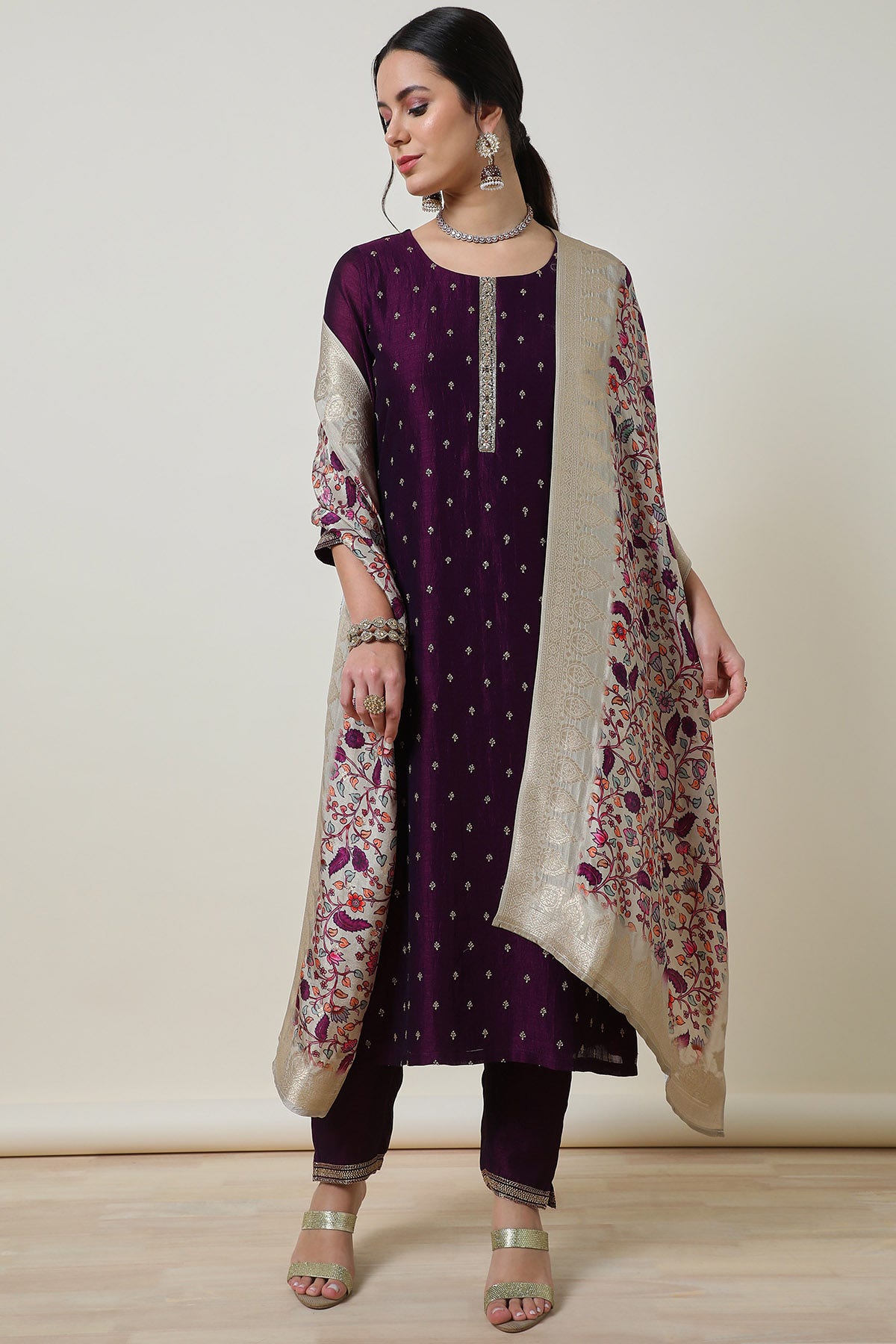 Buy Wine Embroidered Silk Blend Suit with Kalamkari Dupatta Online in India