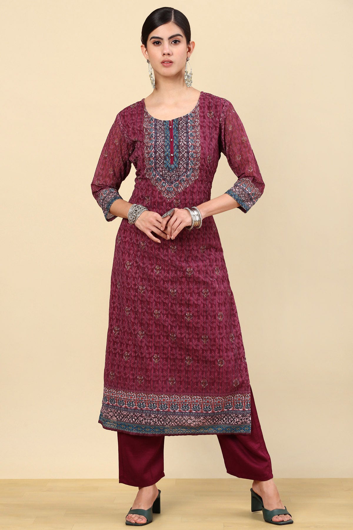 Buy Wine With Embroidery Georgette Kurta Set With sequins Online in India