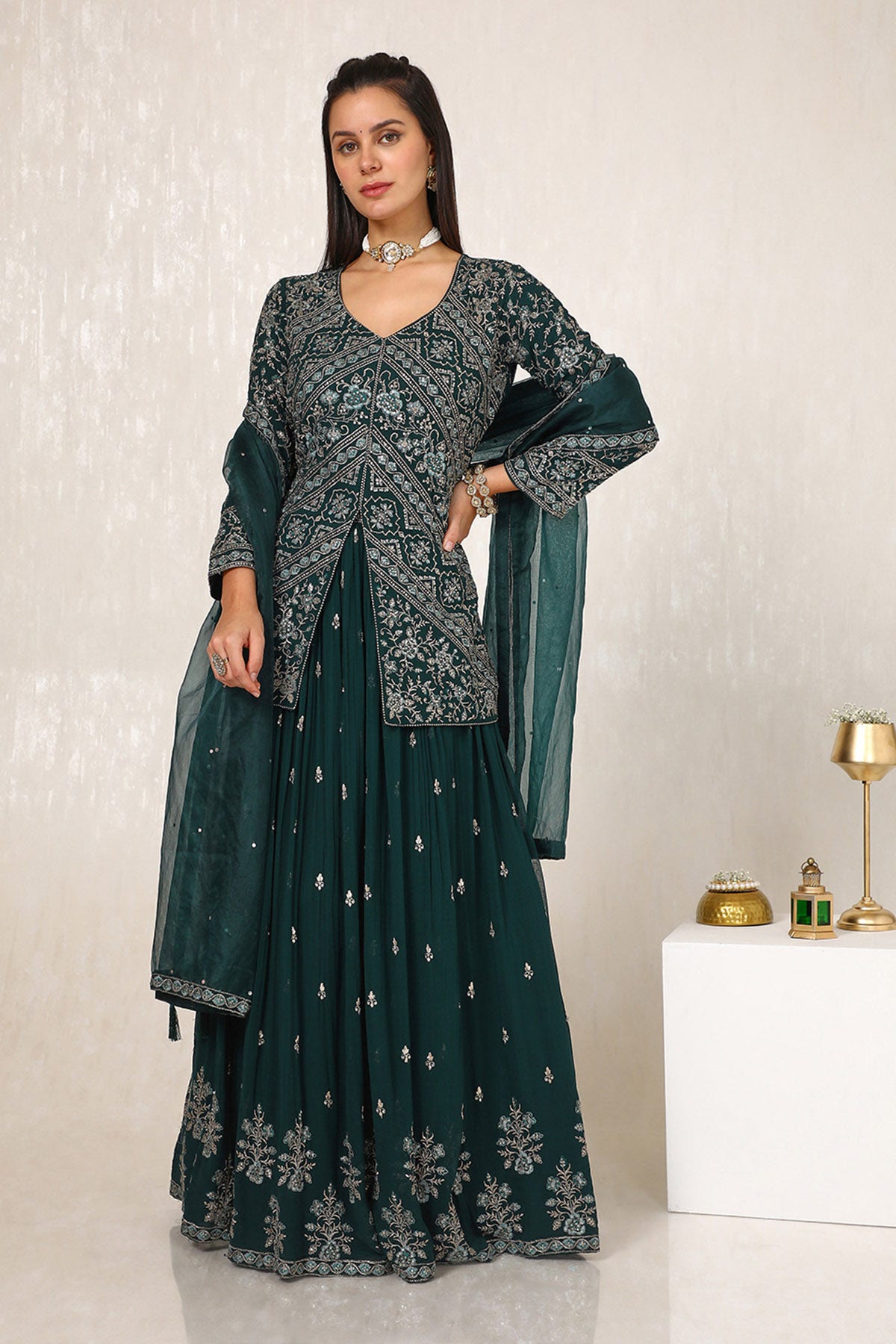 Green Georgette Embroidered Ghagra Choli With Sequins Available in the USA Worldwide