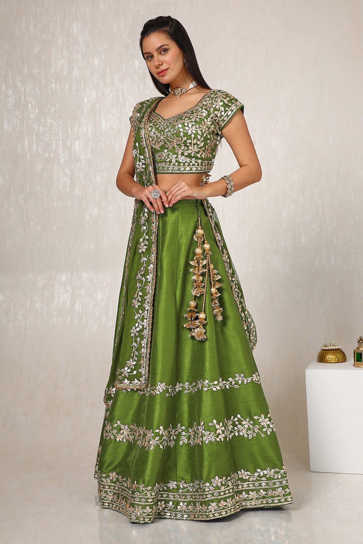 Shop Olive Dupion Silk Ghagra Choli Onine in India