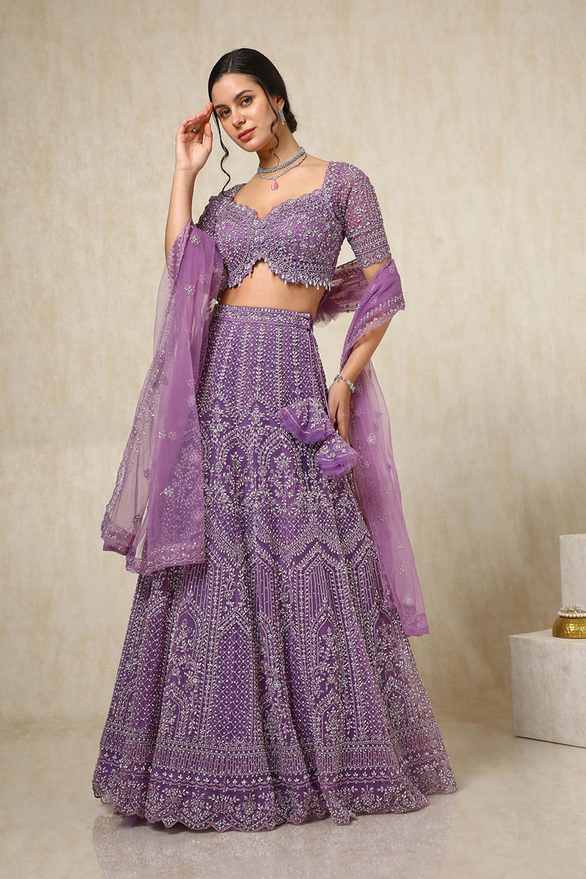 Shop Purple Net Ghagra Choli With Beads And Stones Online in India
