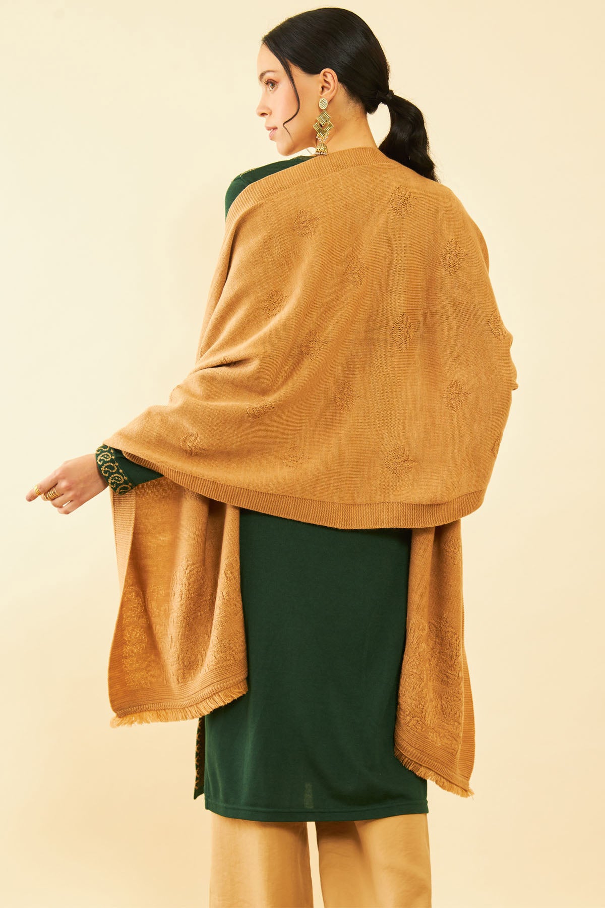 Buy Beige Acrylic Patterned Knit Winter Shawl with Ribbed Borders