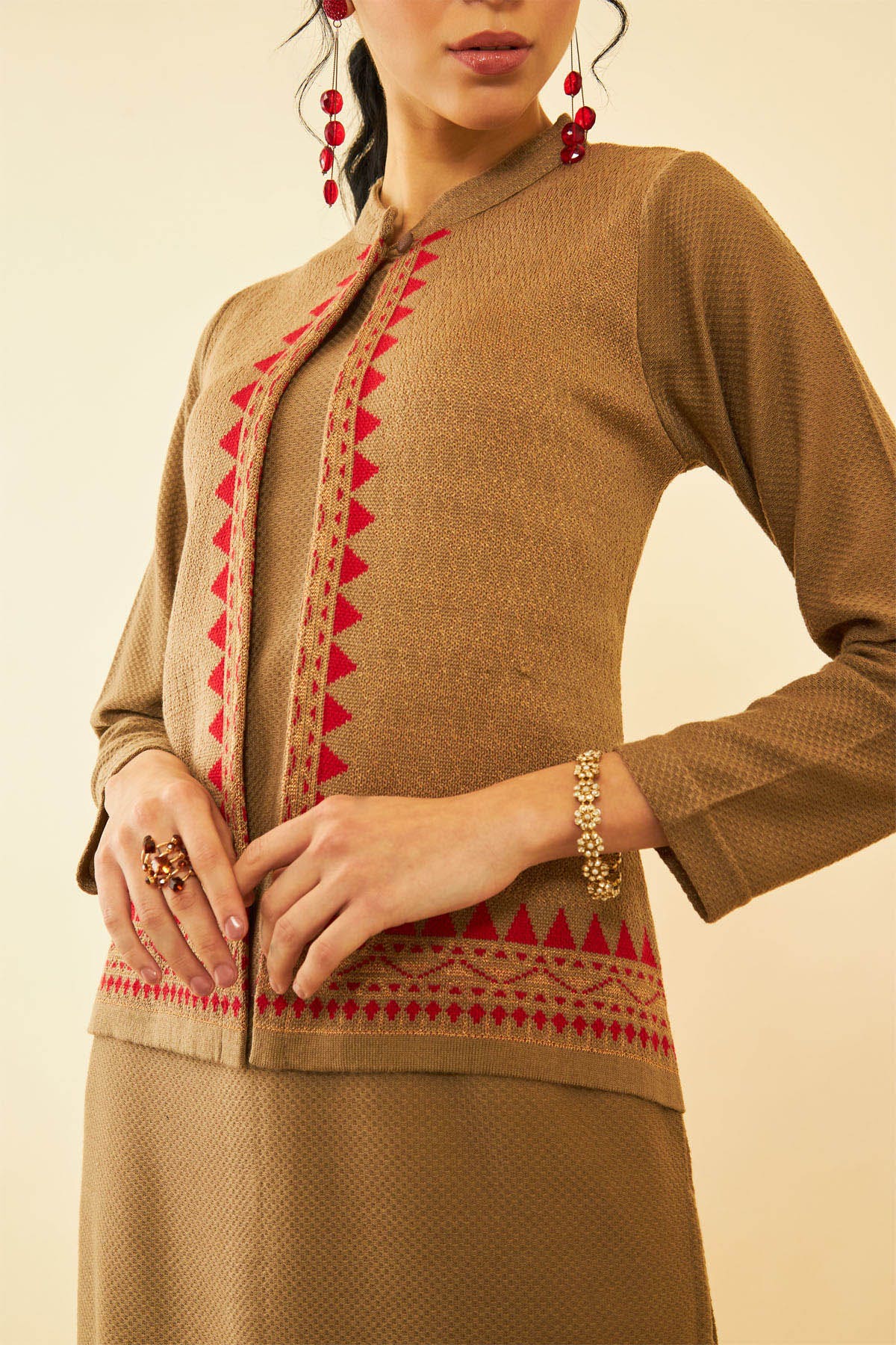 Beige Acrylic Straight Winter Kurta with Jacket Overlay