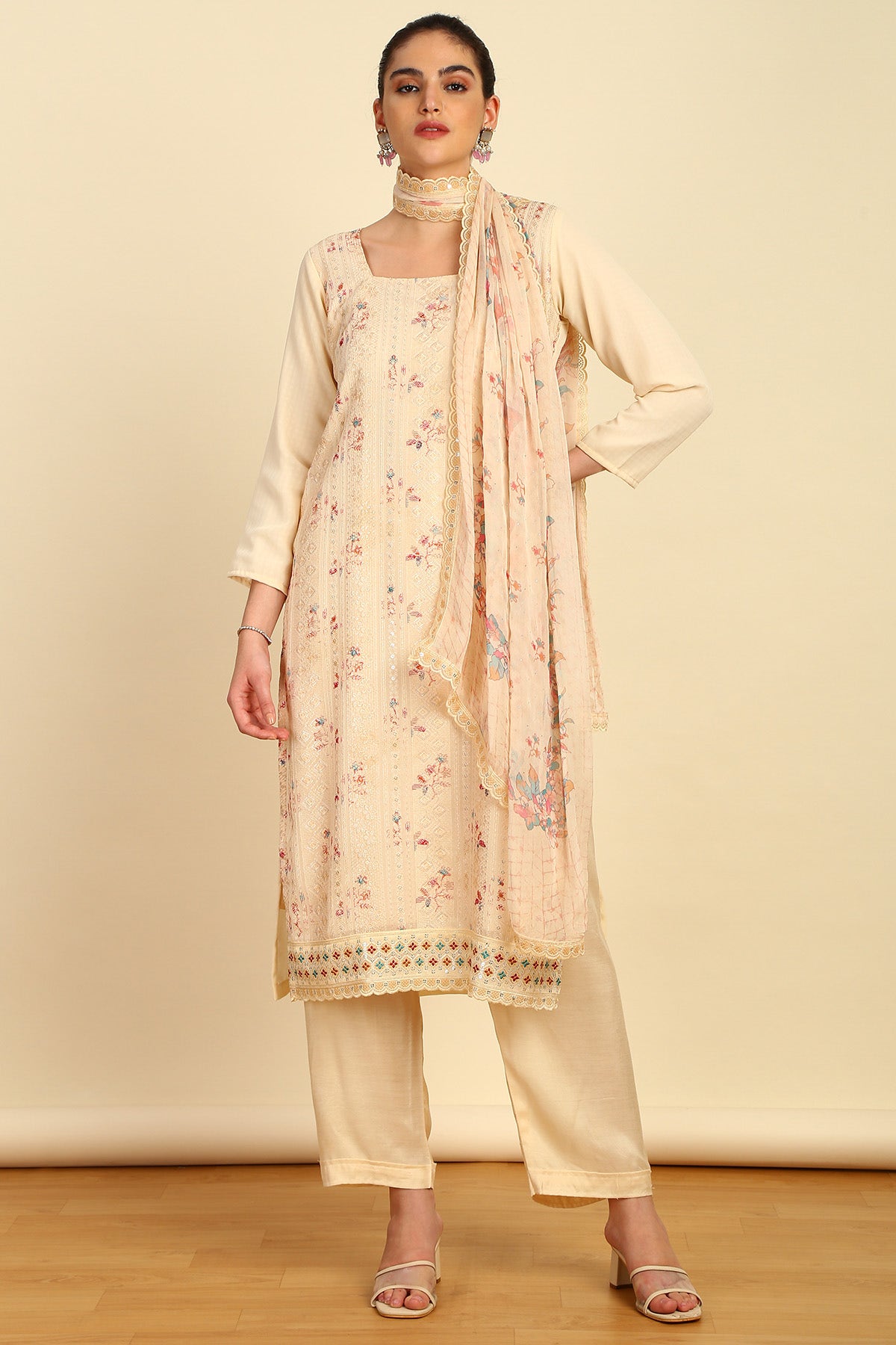 Beige Georgette Embroidered Dress Material With Sequins Available in the USA Worldwide