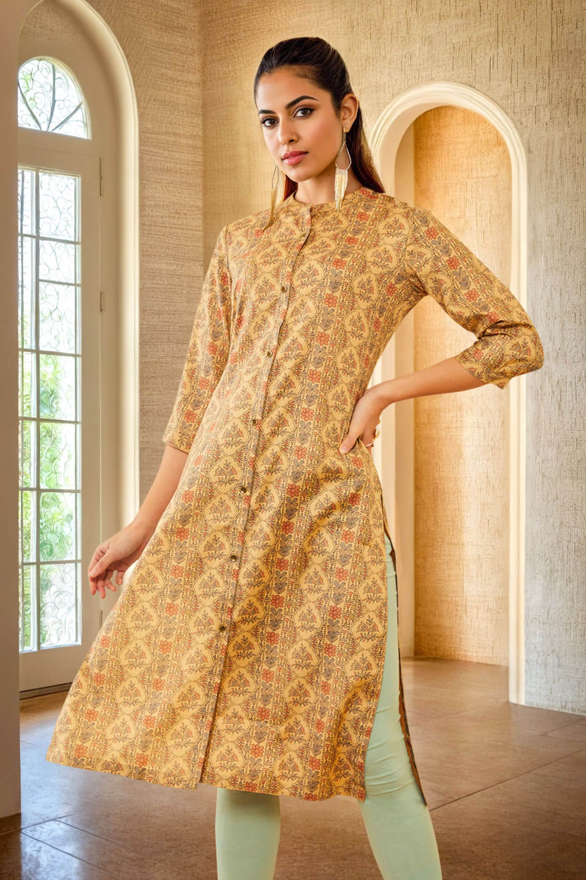 Buy Beige Rayon Floral Printed Straight Kurta Online in India
