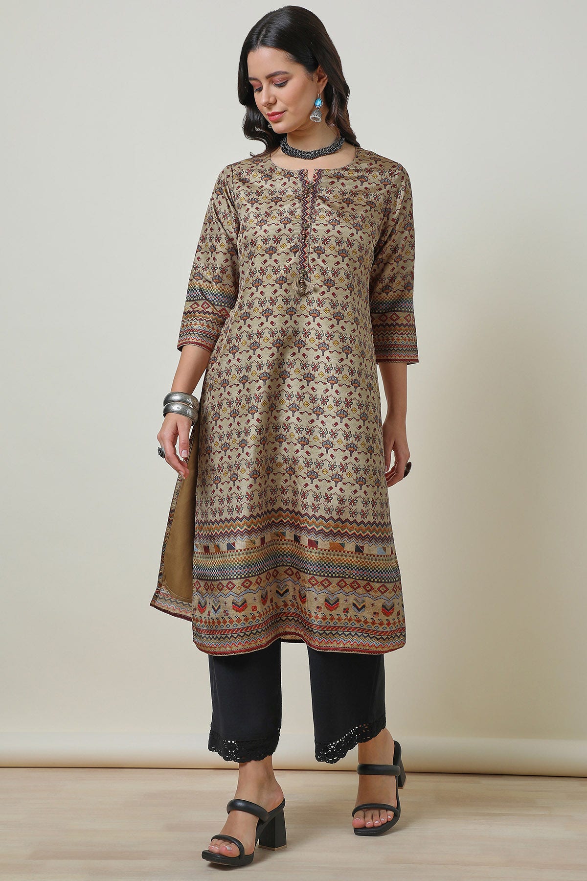 Buy Beige Ethnic Motifs Silk Blend Kurta With Tassels Online in India