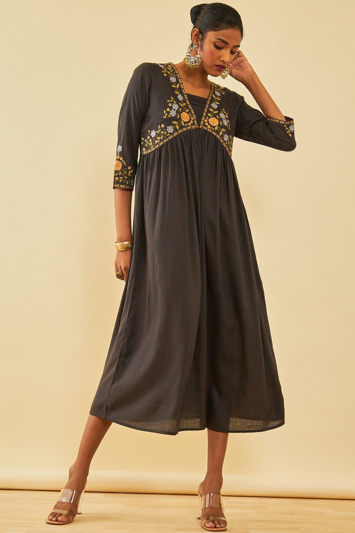 Buy Black Rayon Slub Floral Embroidered Alia Cut Ethnic Dress Online in India