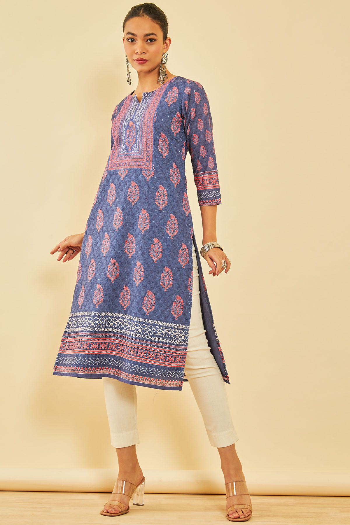 blue cotton embroidered kurta with sequins women soch ews4ku60501a 01