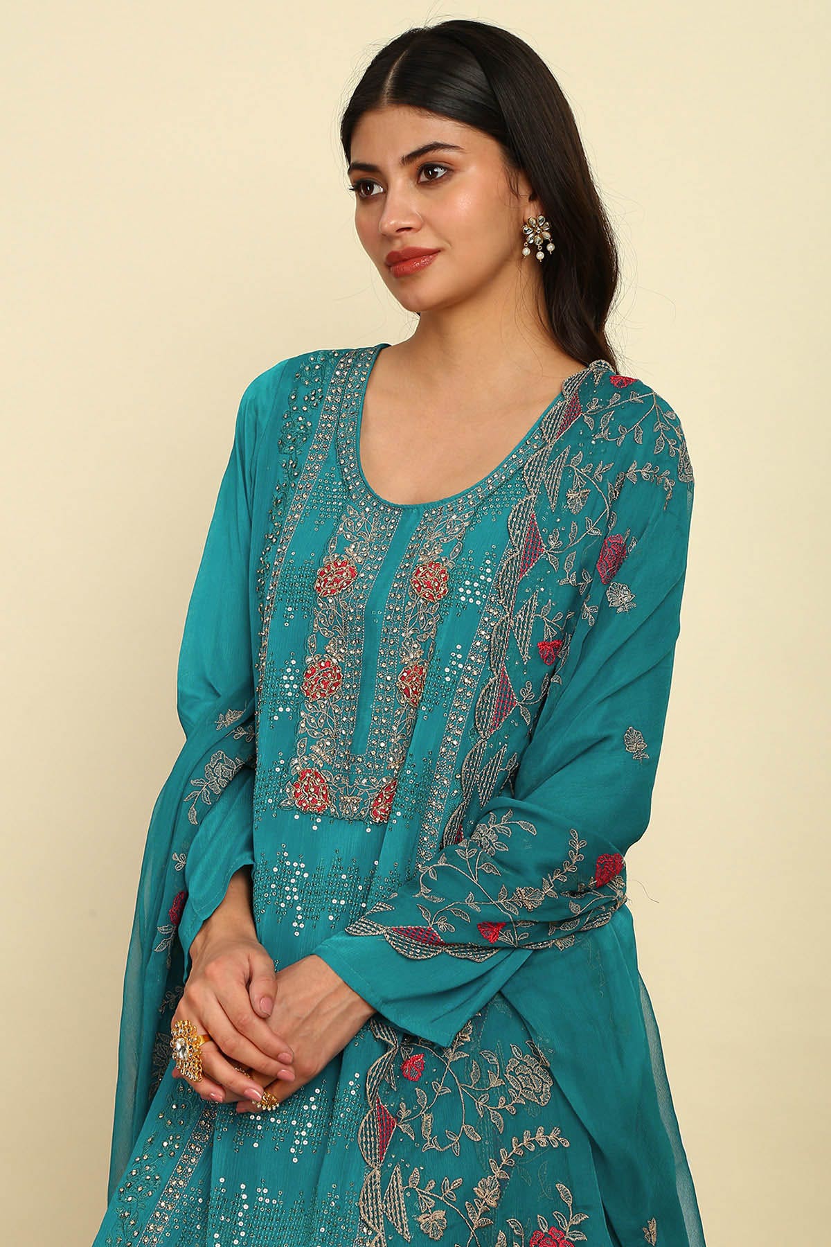 Blue Sequinned Embellished Crepe Dress Material Available in the USA Worldwide