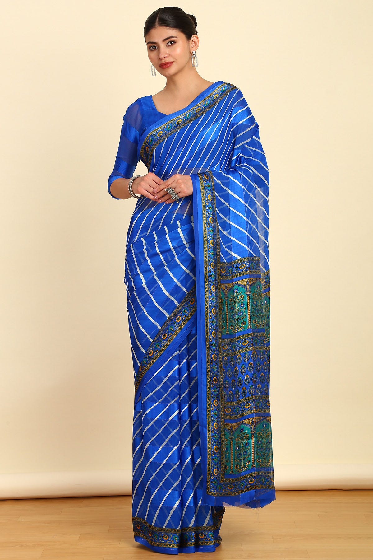 Blue Leheriya Printed Chiffon Saree Available in the USA Worldwide