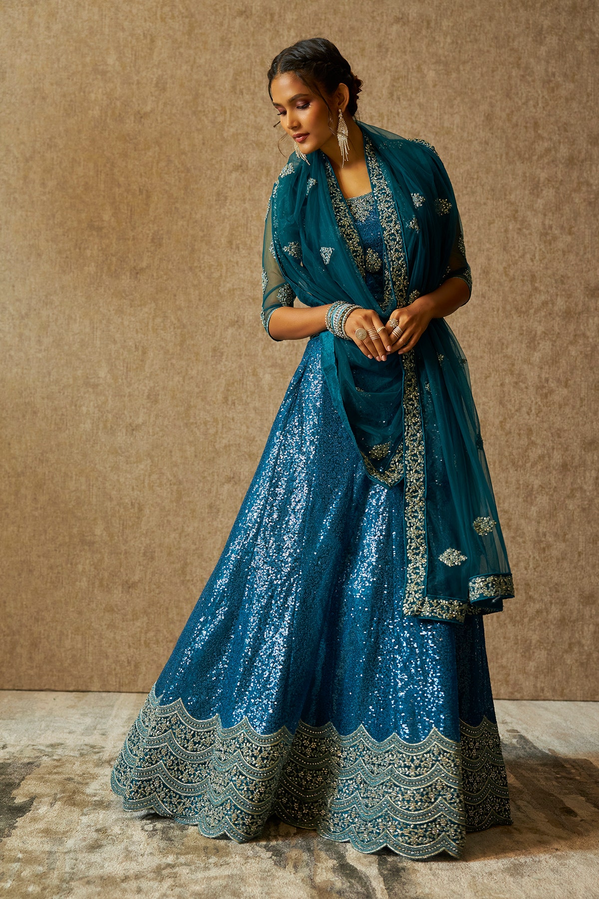 Soch Blue Net All Over Sequins Embroidered Unstitched Lehenga Set Free Size Soch Apparels Porvorim Porvorim
