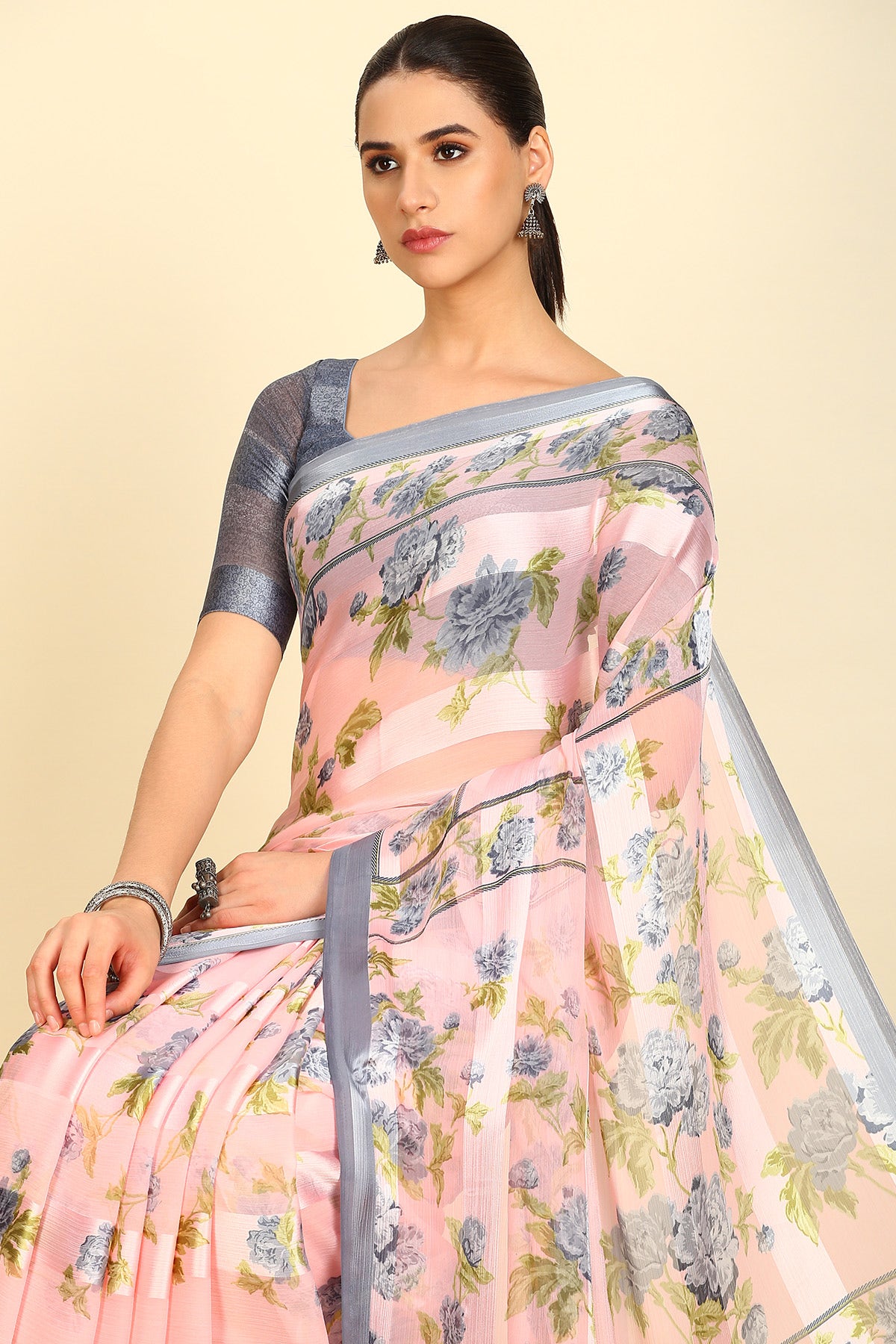 Buy Blush Pink Floral Print Chiffon Saree Online in India on Soch Website