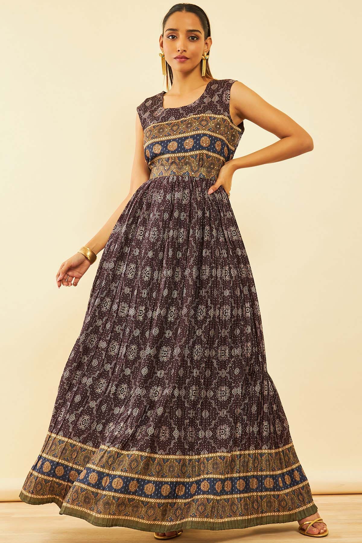 Brown Cotton Bandhani Print Ankle-Length Dress Kurta at Soch