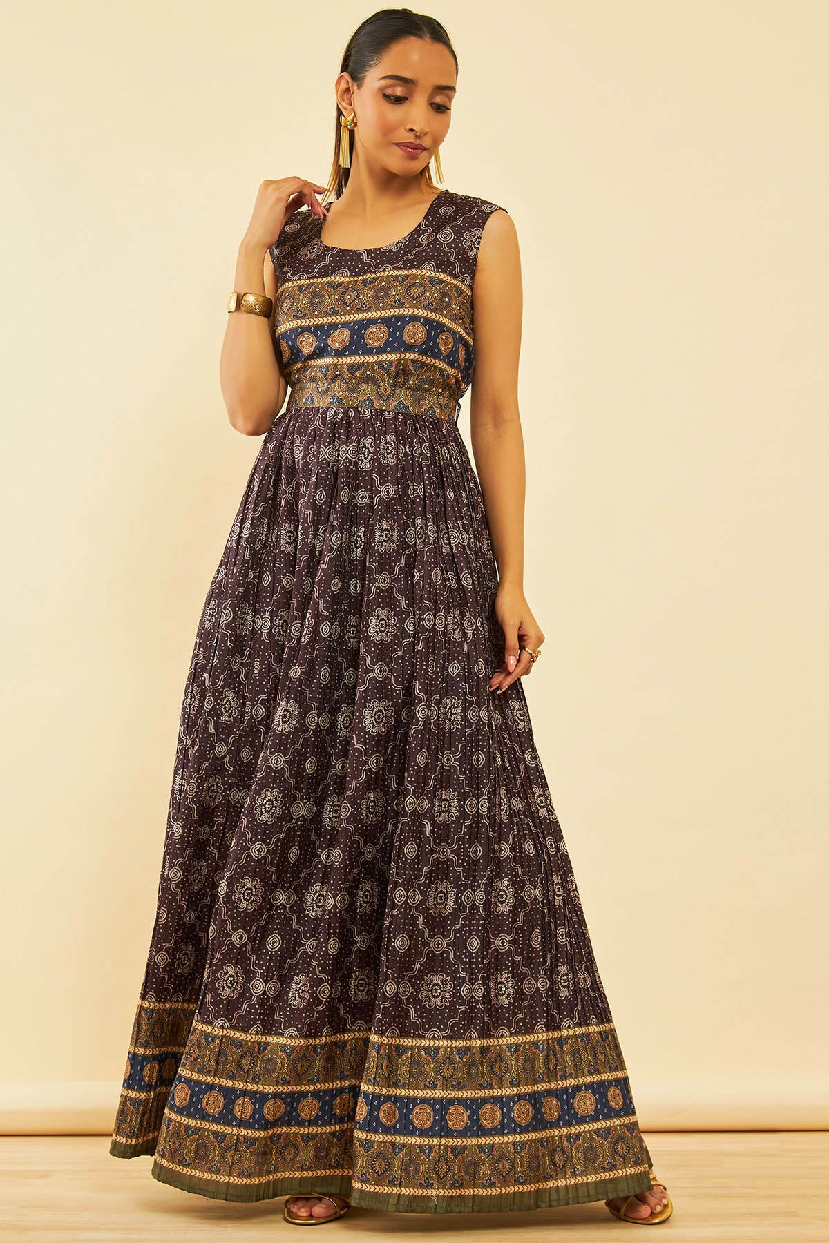 Buy Charcoal Art Silk Bandhani Printed Pleated Dress With Sequins Online