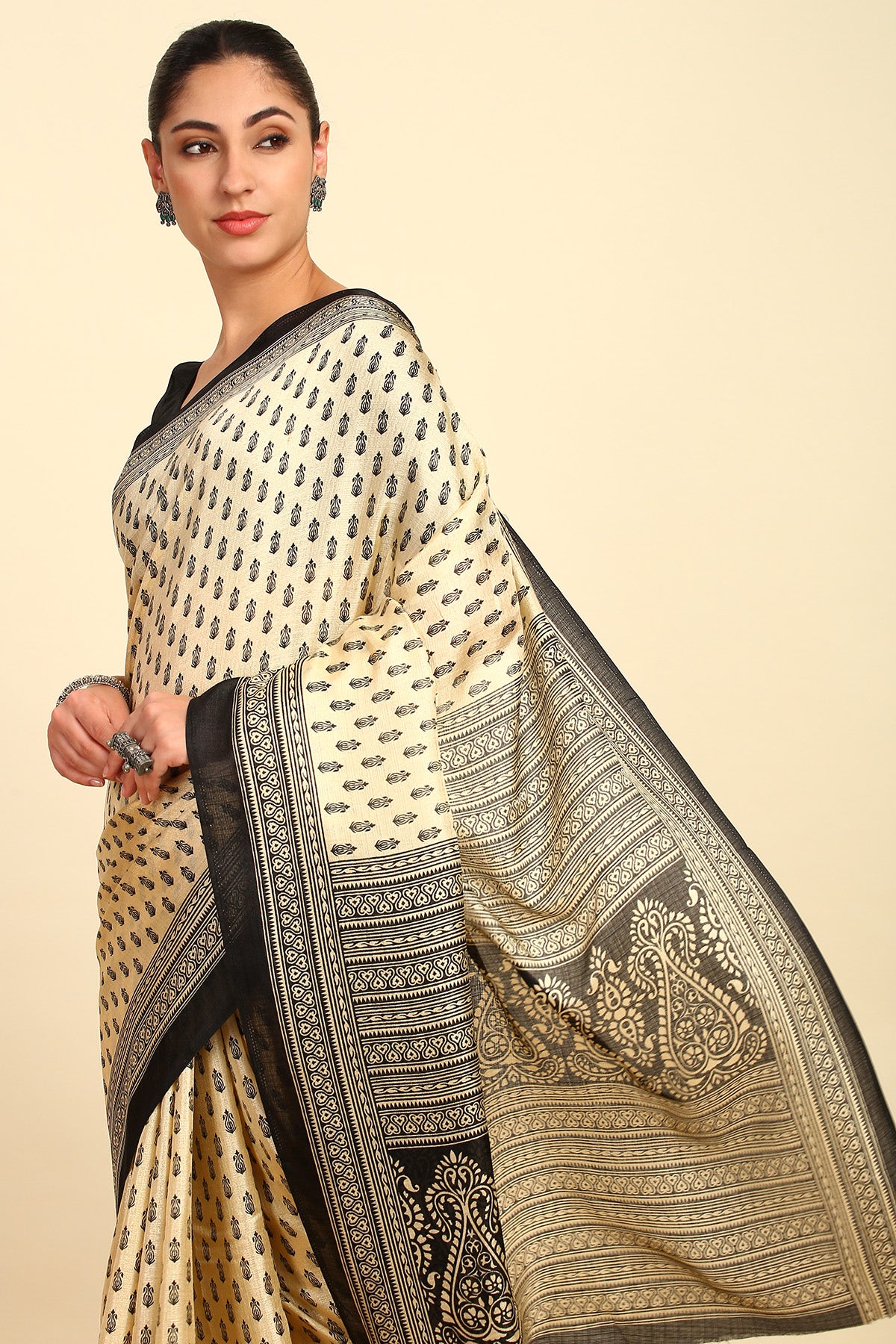 Shop Cream Ethnic Motifs Print Art Silk Saree Online in India