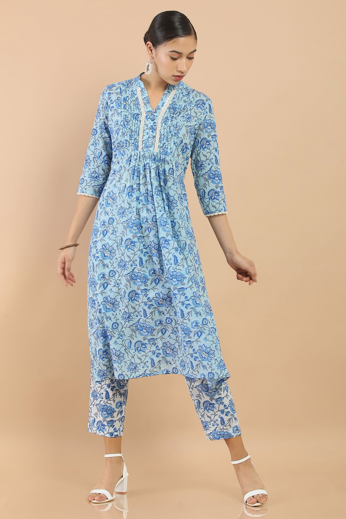 Powder Blue Print Mulmul Kurta Set – Uniquestuff