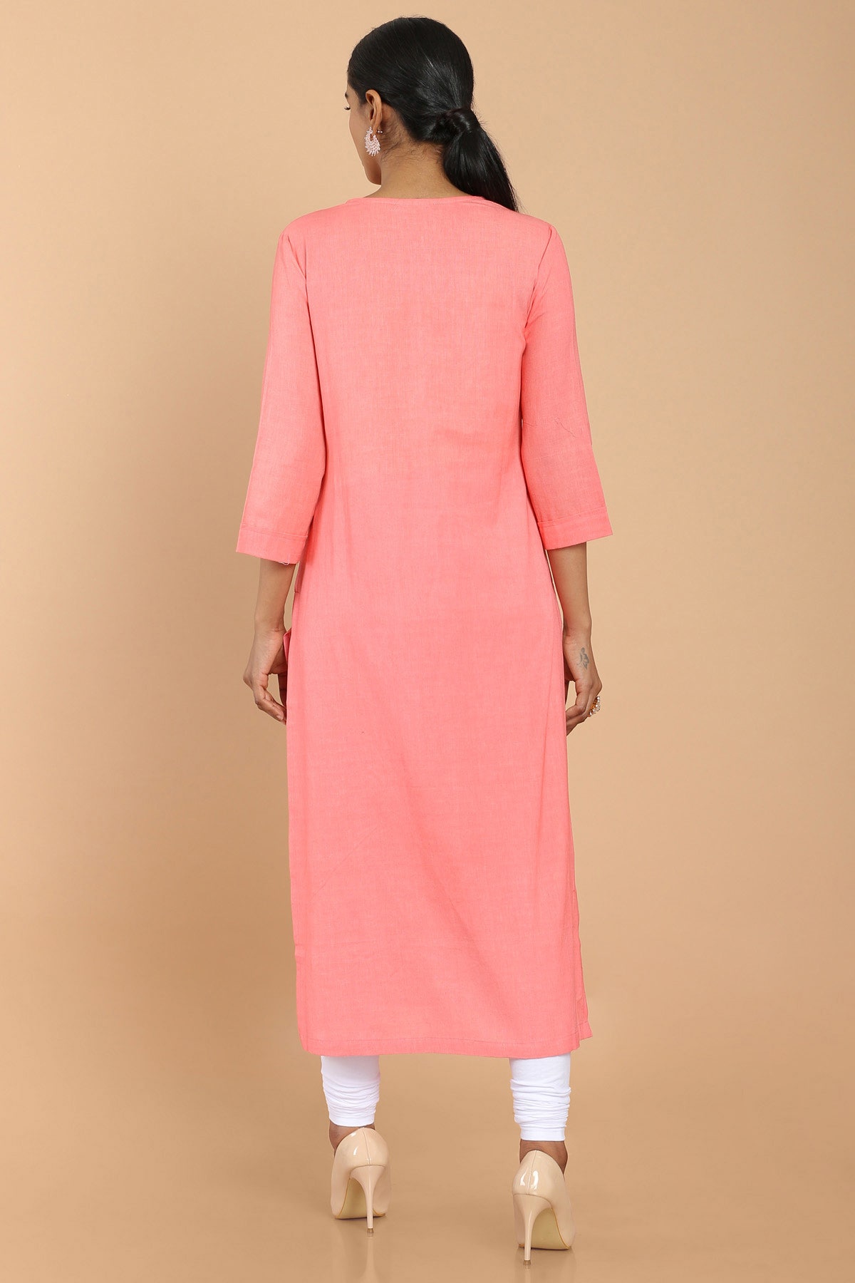 Place Your Order Online Peach Cotton Flex Solid Kurti  Soch