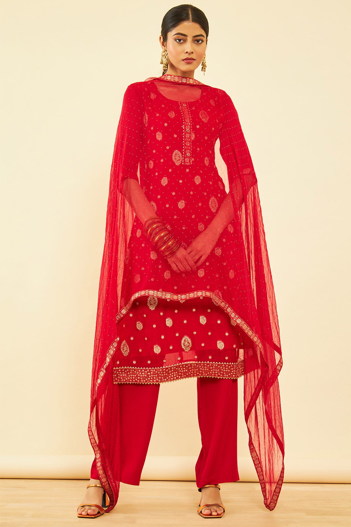 Red Organza Floral Zari Woven Unstitched Dress Material with Stonework