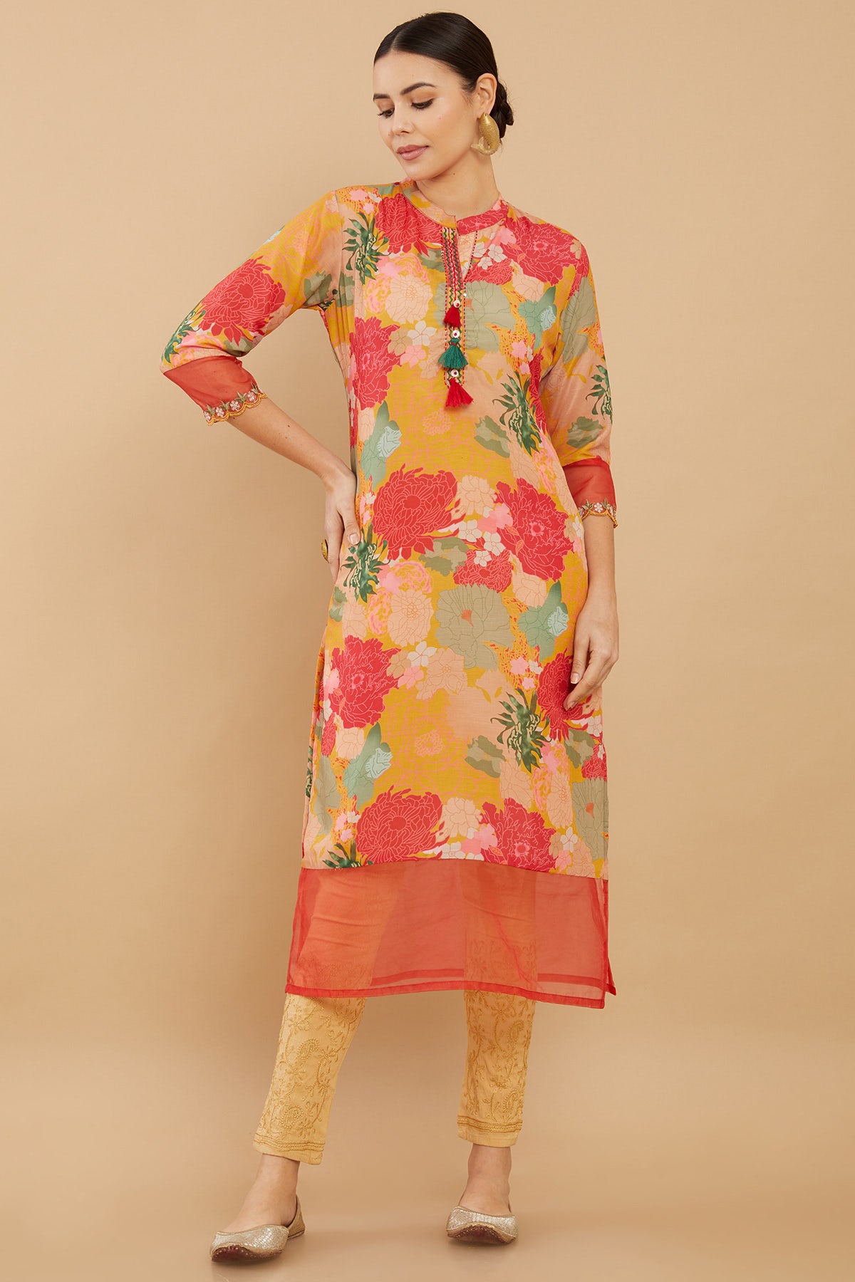 Pearl White Floral Motifs Anarkali Kurti with Attached Dupatta in Georgette