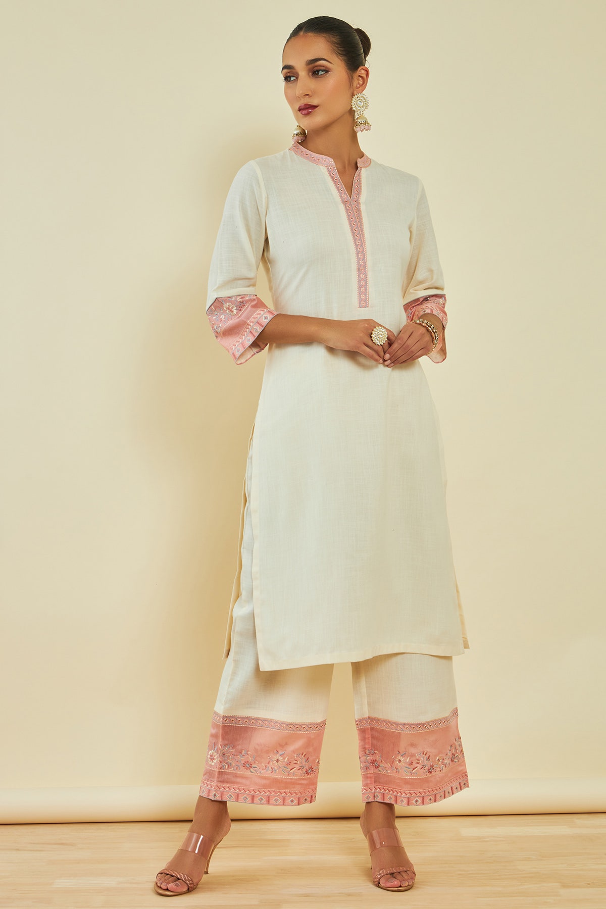 Set of 2: White Embroiderd Kurti And White Pants