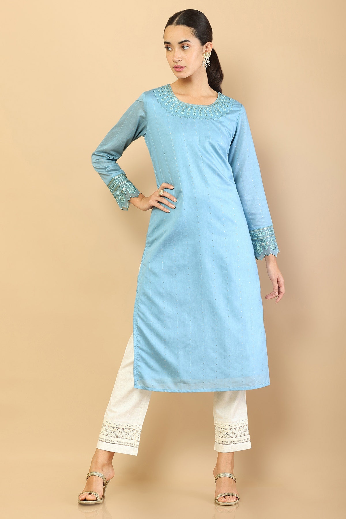 Buy Ritu Kumar Powder Blue Band Collar Shirt Kurti for Women Online  Tata  CLiQ Luxury