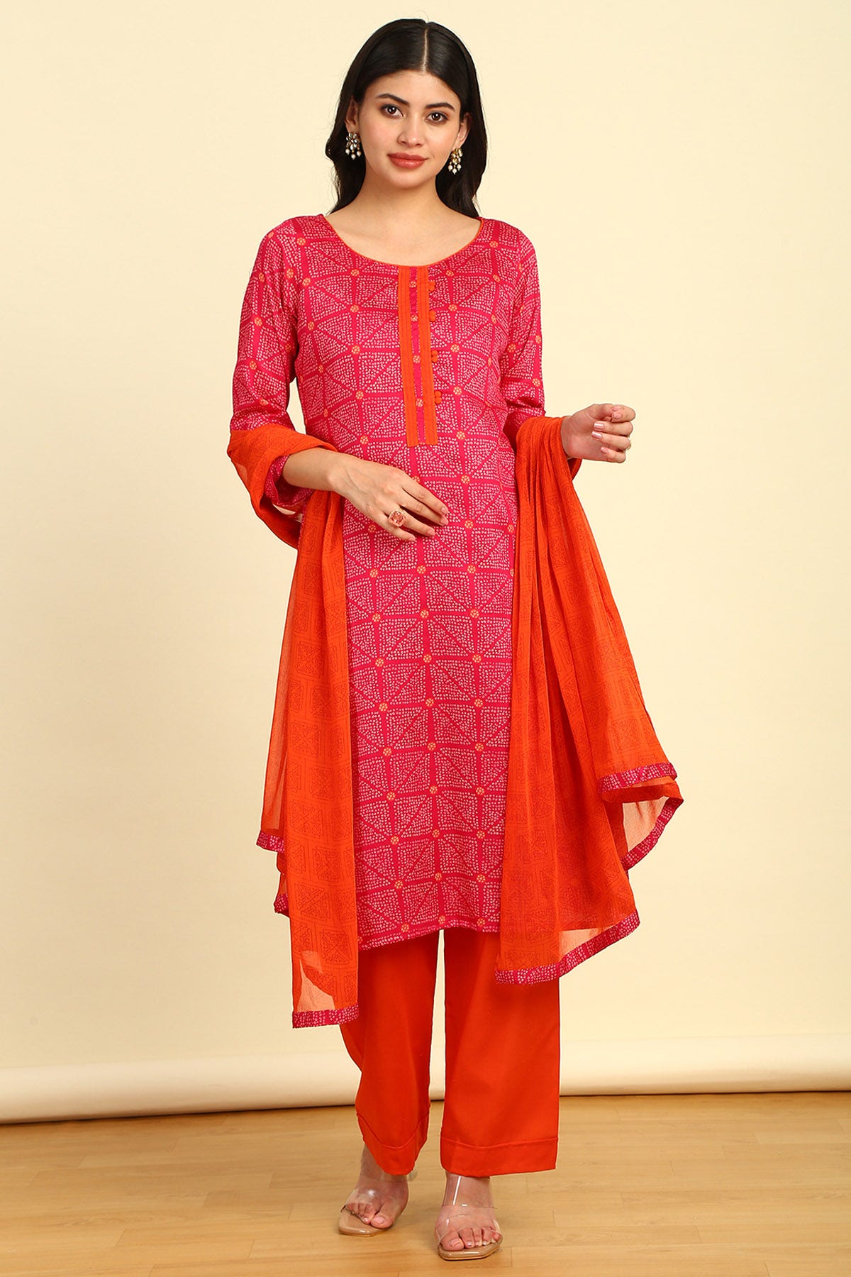 Buy Fuchsia Bandhani Print Cotton Dress Material Online in India