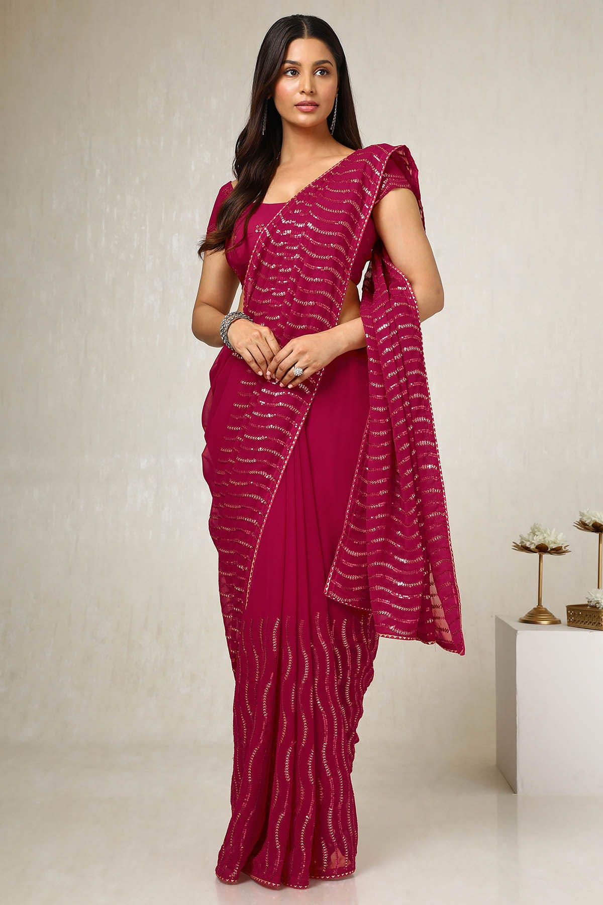 Fuchsia Georgette Embellished Saree With Sequins