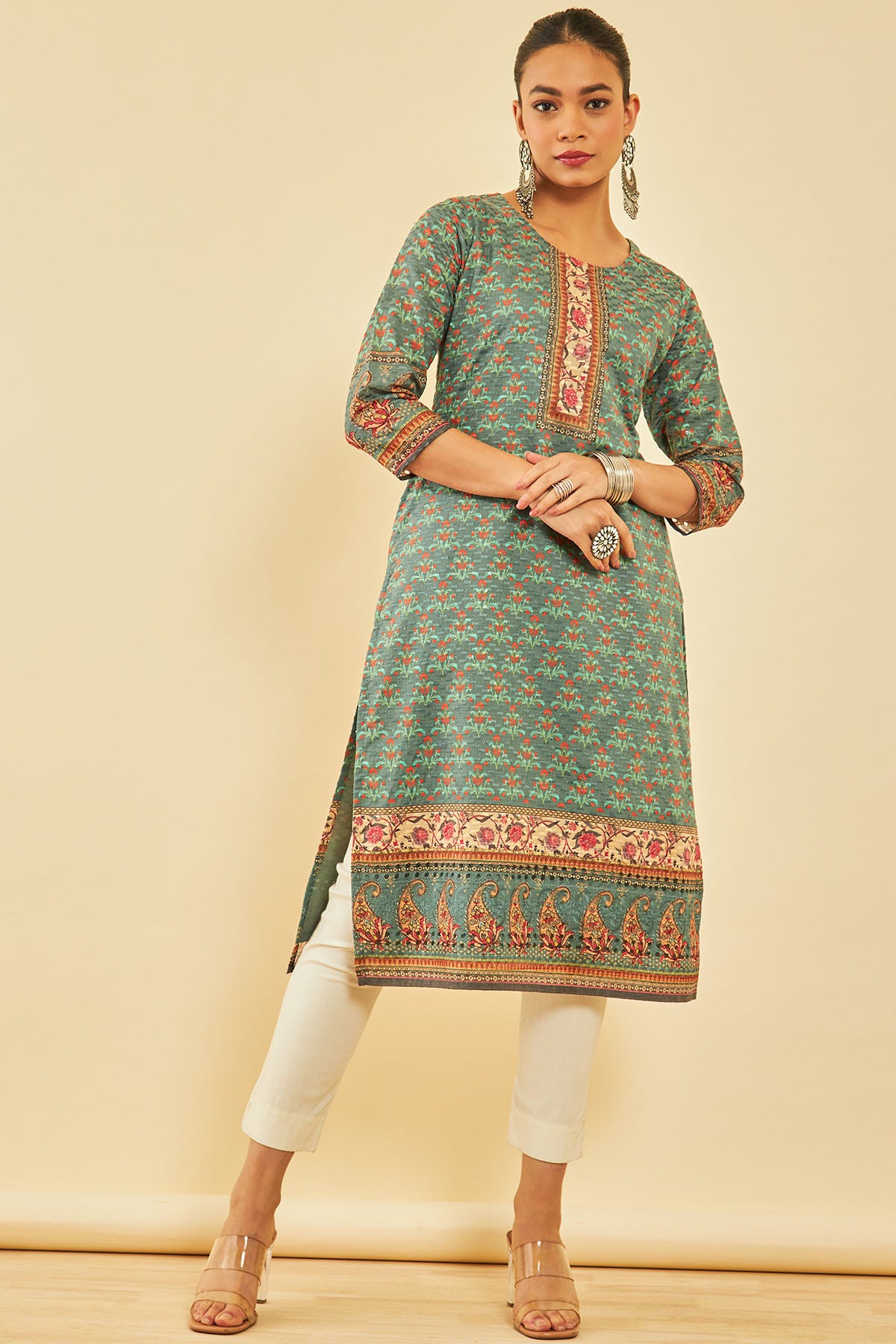 Buy Peacock Green Satin Kurti with Sequins and thread work