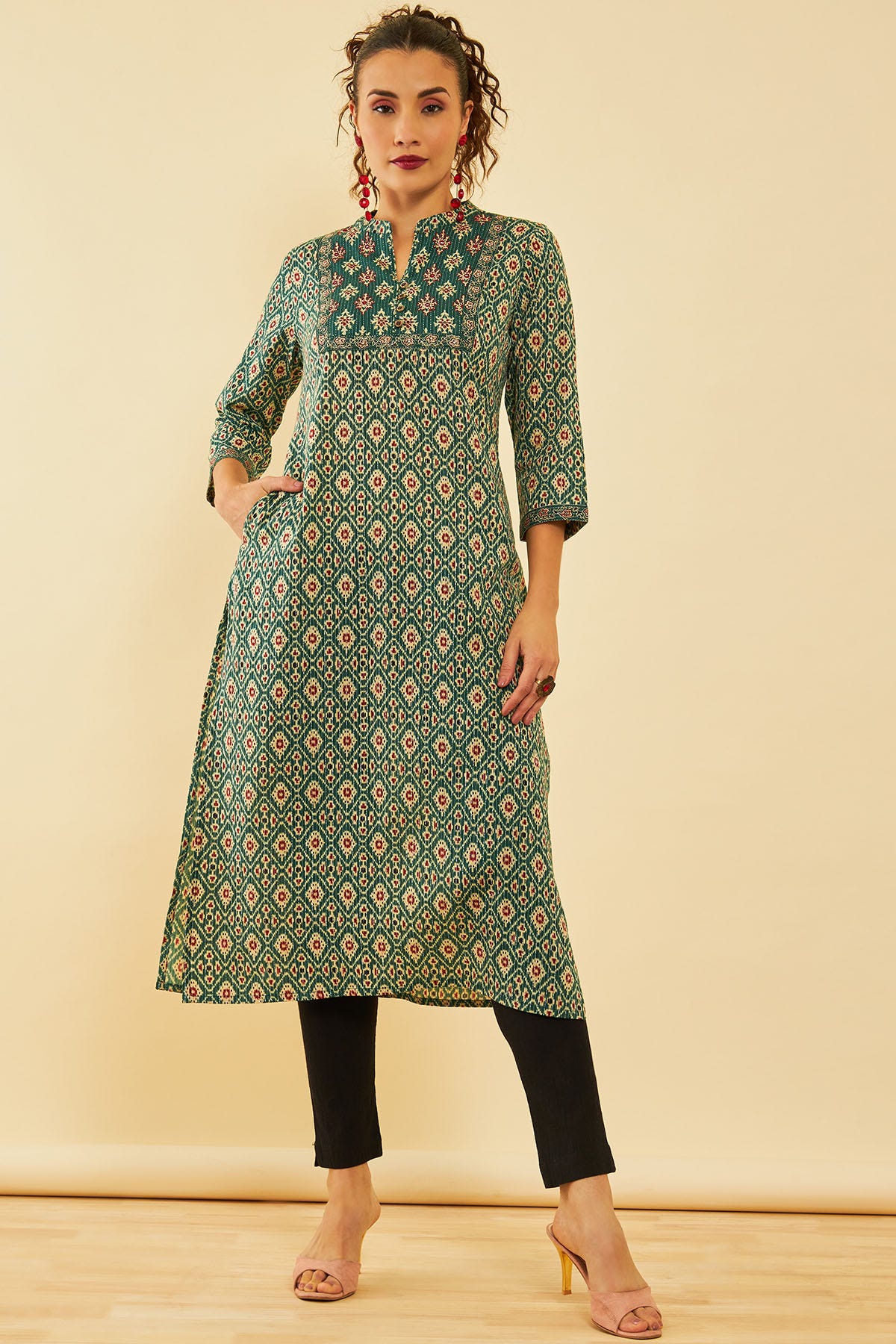Soch Green Cotton Ikat Printed Straight Kurta with Mirror Work S