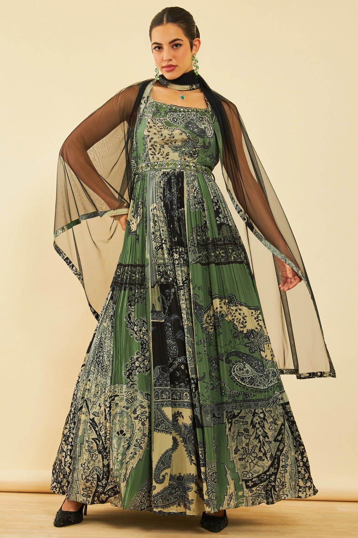 Black Georgette Layered Dress With Floral Print And Embellishments at Soch