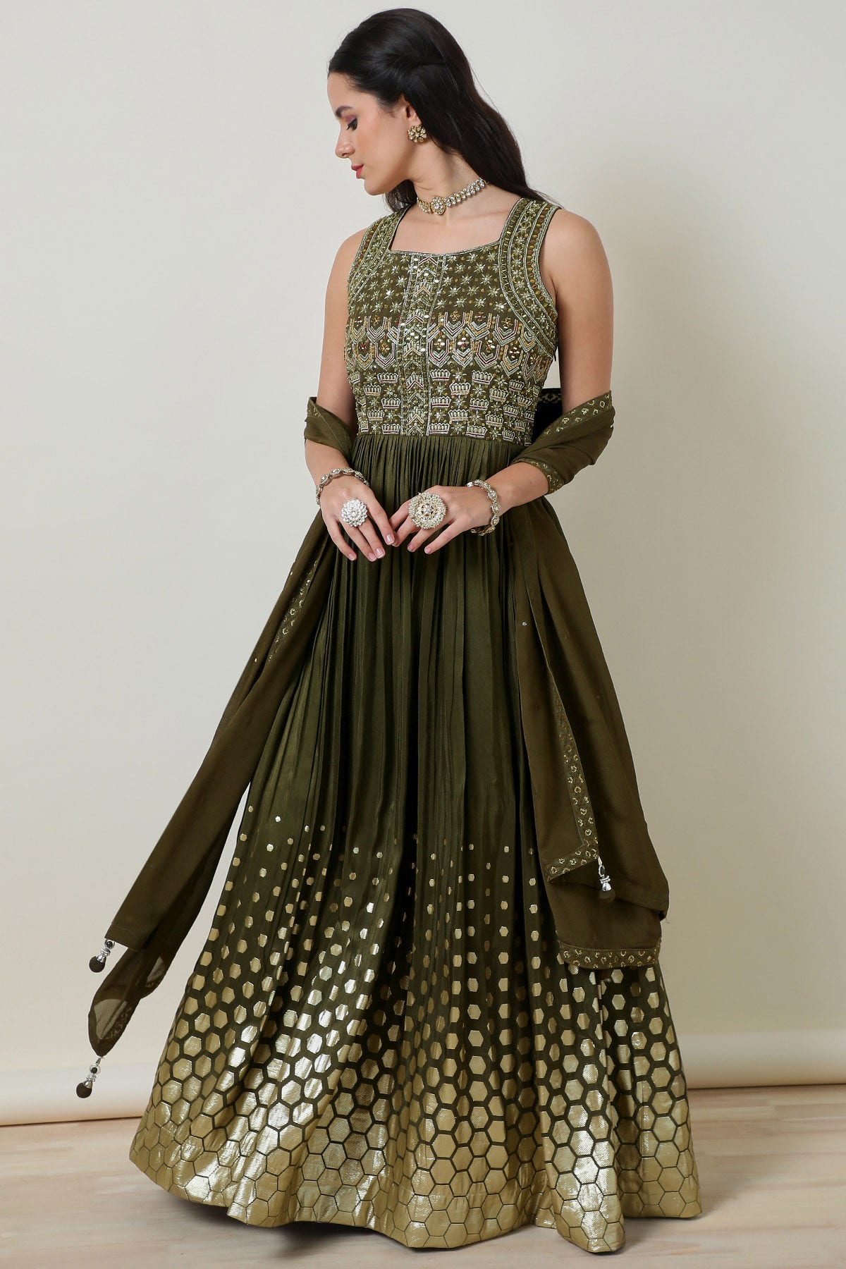 Shop Green Embellished Silk Blend Gown with Mirror Work Online in India