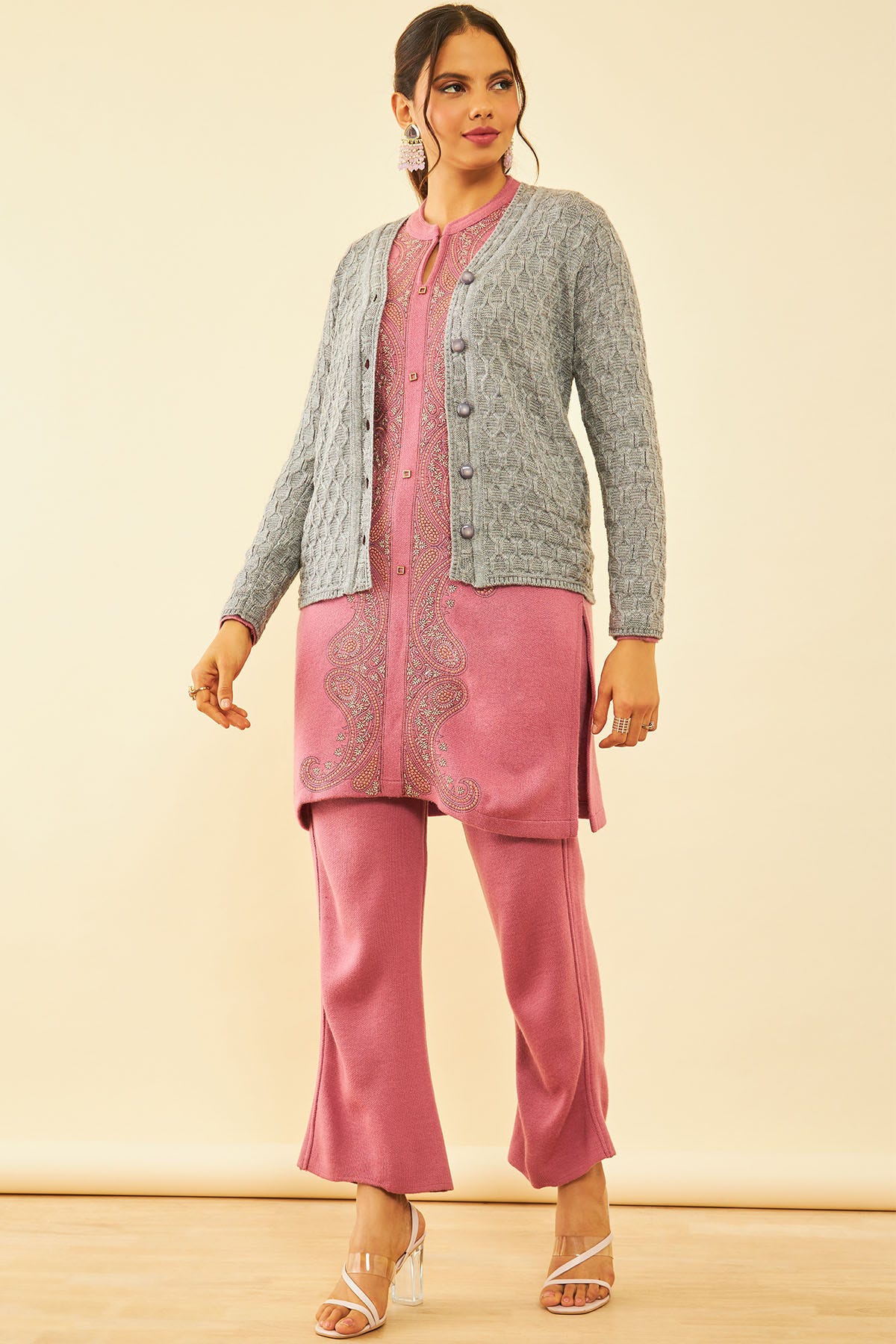 Acrylic Cardigan in Grey Color for Women at Soch India