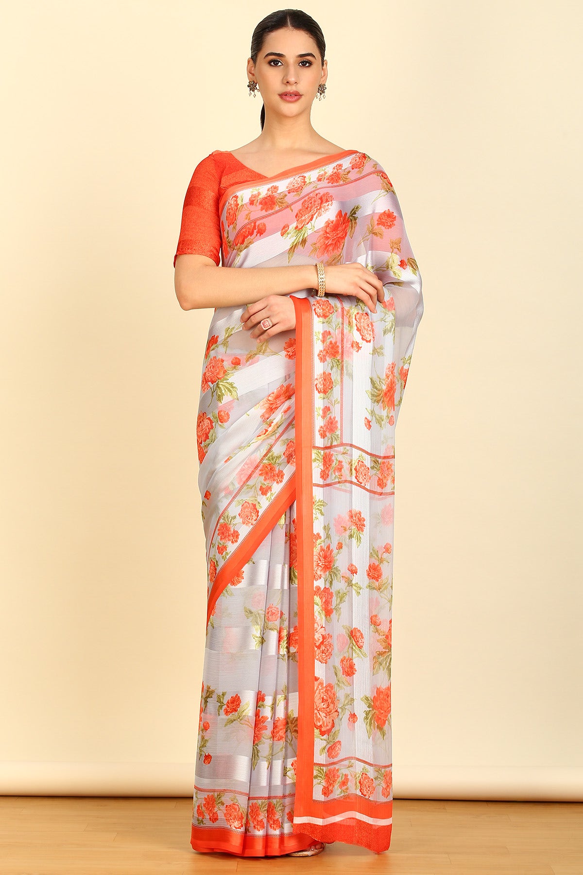Floral print chiffon saree online shop